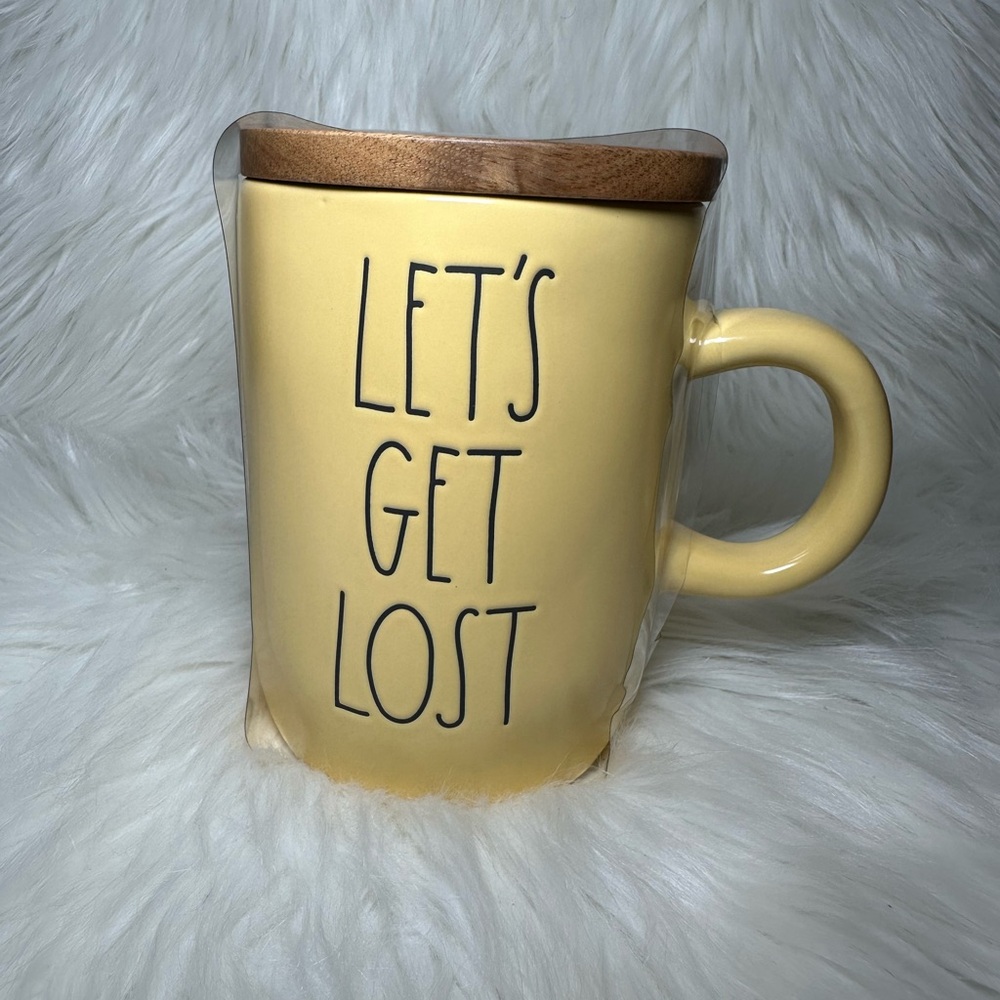 Rae Dunn Yellow Let’s Get Lost Mug with Wooden Lid/Coaster